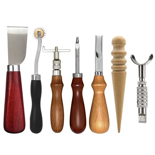 Leather Tooling Kit Including Leather Cutting Knife Tracing Wheel Edge Beveler Groover Wooden Burnisher Swivel Knife Leathercraft Accessories-7PCS-silver