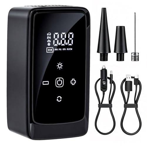 Gonfleur Électrique, Gonfleur Pneu 3-en-1, Compresseur d’Air Portable Rechargeable avec 3 Embouts et Lampe de Secours, pour Auto, Vélo, Moto et Ballon