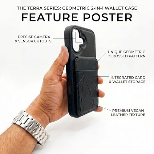 Image of amazon basics Premium Vegan Leather Back Cover with Card Holder and Integrated Mobile Stand for iPhone 16 - Slim Shockproof Wallet Case with Geometric Stitching [Black]