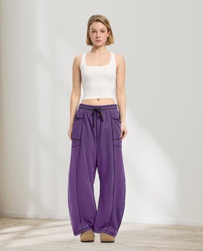 CHANGEOWN Barrel Pants for Women, Wide Leg Baggy Sweatpants Drawstring High Waisted Lounge Trousers with Pockets, Relaxed Fit Casual Pants, Deep Purple, L — view 3