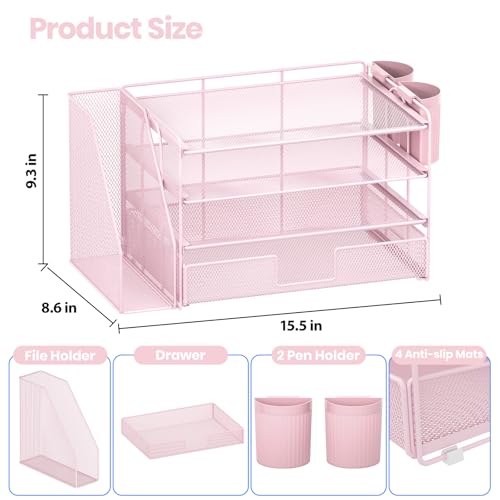OPNICE Desk Organizer, 4-Tier Desktop File Organizer with Drawer and 2 Pen Holders, Office Desk Accessories, File Sorters, Workspace Organizers for Office Supplies(Pink)