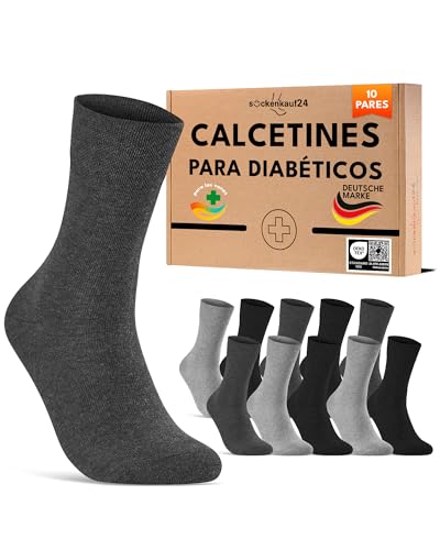 sockenkauf24 Calcetines Diabéticos Hombre Mujer 39-42 sin Elástico y sin Costuras con Cintura de Confort Algodón Negro Gris Antracita 10 Pares