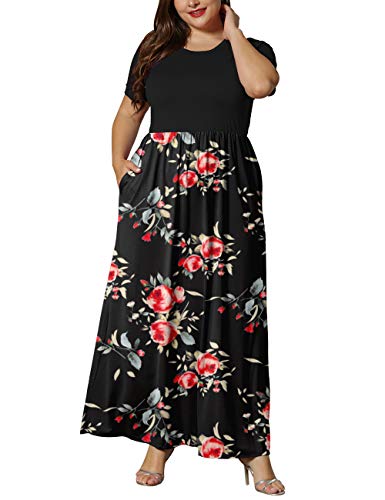 Image of KARALIN Women Plus Size Maxi Dress Short Sleeve Round Neck Loose Fit A-Line | Plus Size Long Dress,Summer Casual Maxi Dresses,Short Sleeve,Side Pockets,Round Neck,Elastic Waist,14 Plus - 26 Plus
