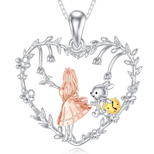 Dorunmo Alice In Pendant Necklace Sterling Silver Tree of Life Wonderland Cat Necklace Birthday Christmas Alice Jewelry Gifts for Women