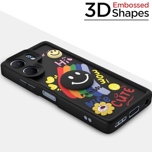 Image of Pikkme Back Cover for Oppo A5x | Soft Silicone| Cute Rainbow Smile & 3D Cartoon Flower Design | Shockproof Raised Camera Protection Bumper Case (Black)