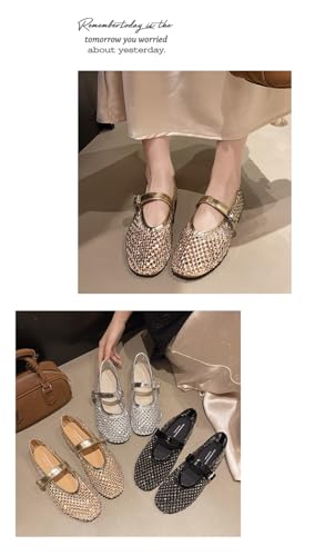 Mesh Mary Jane Flats for Women Rhinestone Jelly Mesh Ballet Flats Breathable Hollow Sandals Slip on House Slippers Dressy Ballerina Shoes Low Top Buckled Straps Lightweight Summer Slides Business Trip3