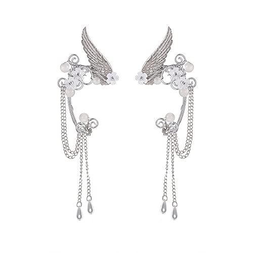 Filigree Angel Wing Flower Pearl Cuff Wrap Clip On Fake Earrings For Women Girls Non Pierced Ear Dainty Sterling Silver Plated Dangle Drop Tassel Chain Threader Elegant Crawler Climber Handmade Fairy Elven Cosplay Fantasy Costume Party Hypoallergenic Fashion Jewelry Gifts #TOP19