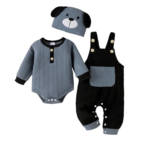 Image of FOCUTEBB Baby Boy Clothes Cute Long Sleeve Romper Infant Pocket Overalls Adjustable Suspender Pants Set 0-18 Months