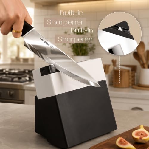 Image of Astercook Knife Set, Kitchen Knives with Block and Sharpener 15 Pcs German Stainless Steel Knives Sharp Blade Dishwasher Safe Deba Knives with Ergonomic Handle, Elegant Black