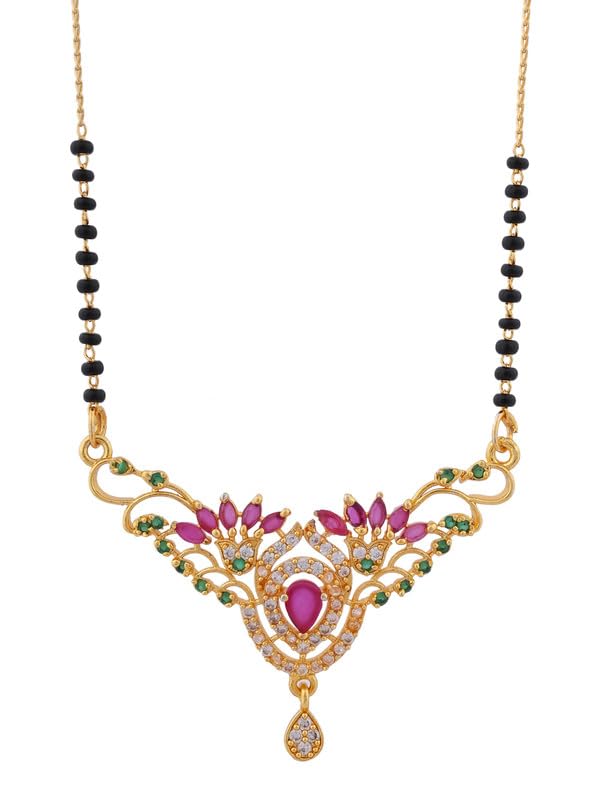 Ruby American Diamond Gold Plated Mangalsutra Necklace Short Pendant with Sparkling Crystals for Women Festive Jewelry-image-45