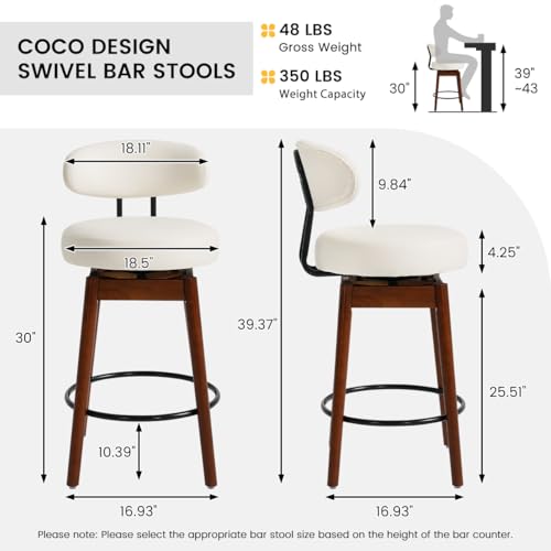 Image of COCO DESIGN White Bar Height Bar Stools Set of 2, 30 inch Swivel Chairs | Upholstered Faux Leather, Solid Wood Legs, Modern Mid Century Chairs for Kitchen Island