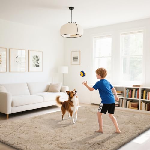 Fluffy Rug Shaggy Area Rug, Beige 9x12 Area Rugs for Living Room, Large Shag Area Rugs for Bedroom Kids Room Home Decor, Upgrade Anti-Skid Rectangular Fuzzy Rugs