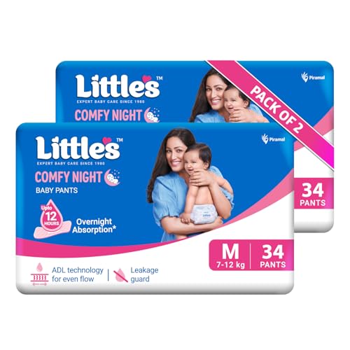 Image of Little's Baby Diapers M Size (Medium) Pants Style | 7-12 kg | 68 Count | Comfy Nights Baby Diaper Pants with Leakage Guard & Upto 12 Hours Absorption (34 Count, Pack of 12)