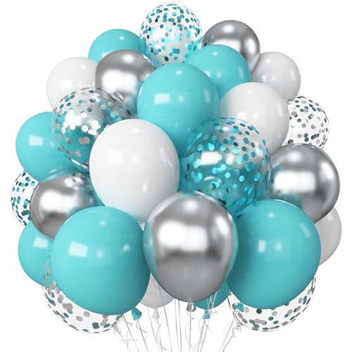 Image of Teal Blue and Silver Balloons, 60 Packs 12Inch Teal and Metallic Silver Balloons, Teal Blue White Silver Confetti Balloon with Ribbons for Wedding Baby Bridal Baby Shower Birthday Party Decoration