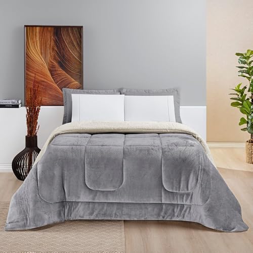 Cobertor edredom grosso macio lã de ovelha sherpa coberdrom SOLTEIRO QUEEN e KING (Cinza, King)