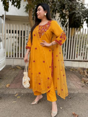 Image of GoSriKi Kurta Sets for Women Viscose Embroidered | Kurta Pant Dupatta Set | Straight Kurti Set for Women | Round Neck 3 /4 Sleeve Ethnic Suit | Designer Indian Kurti Outfit with Pants