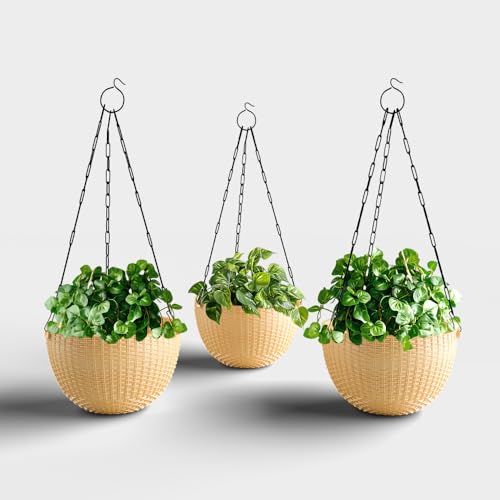 Image of YUCCABE ITALIA SHERA URO-Basket Plastic Flower Pot with Drainage Holes Round Planter Pot Suitable for Inddor Outdoor Kitchen (Beige, 6 INCH - 3 Pcs)