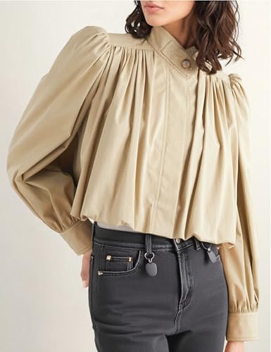 Womens Cropped Pleated Jacket Puff Long Sleeve Button Down Trench Coat Casual Outwear with Pockets3