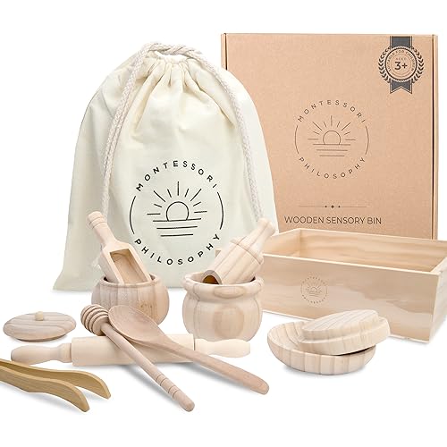 Image of Montessori Philosophy Sensory Bin, Tools, Montessori Toys for 3+ Year Old, Wooden Scoops and Roller for Transfer Work and fine Motor Learning, Montessori Kitchen, Toy bin.