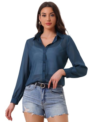 Allegra K Sheer Button Up Blouse for Women's See Through Mesh Long Sleeve Shirt Tops Small Dark Blue
