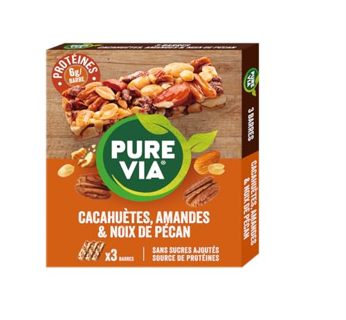 Pure Via Barres de Céréales Cacahuètes, Amandes et Pécan, Sans Gluten, Sans Sucre Ajouté, Vegan, Riche en Fibres et Protéines, 3 x 35g