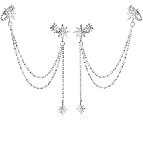 SLUYNZ 925 Sterling Silver Fashion Star Cuff Earring Chain for Women Star Crawler Earring Wrap Earrings