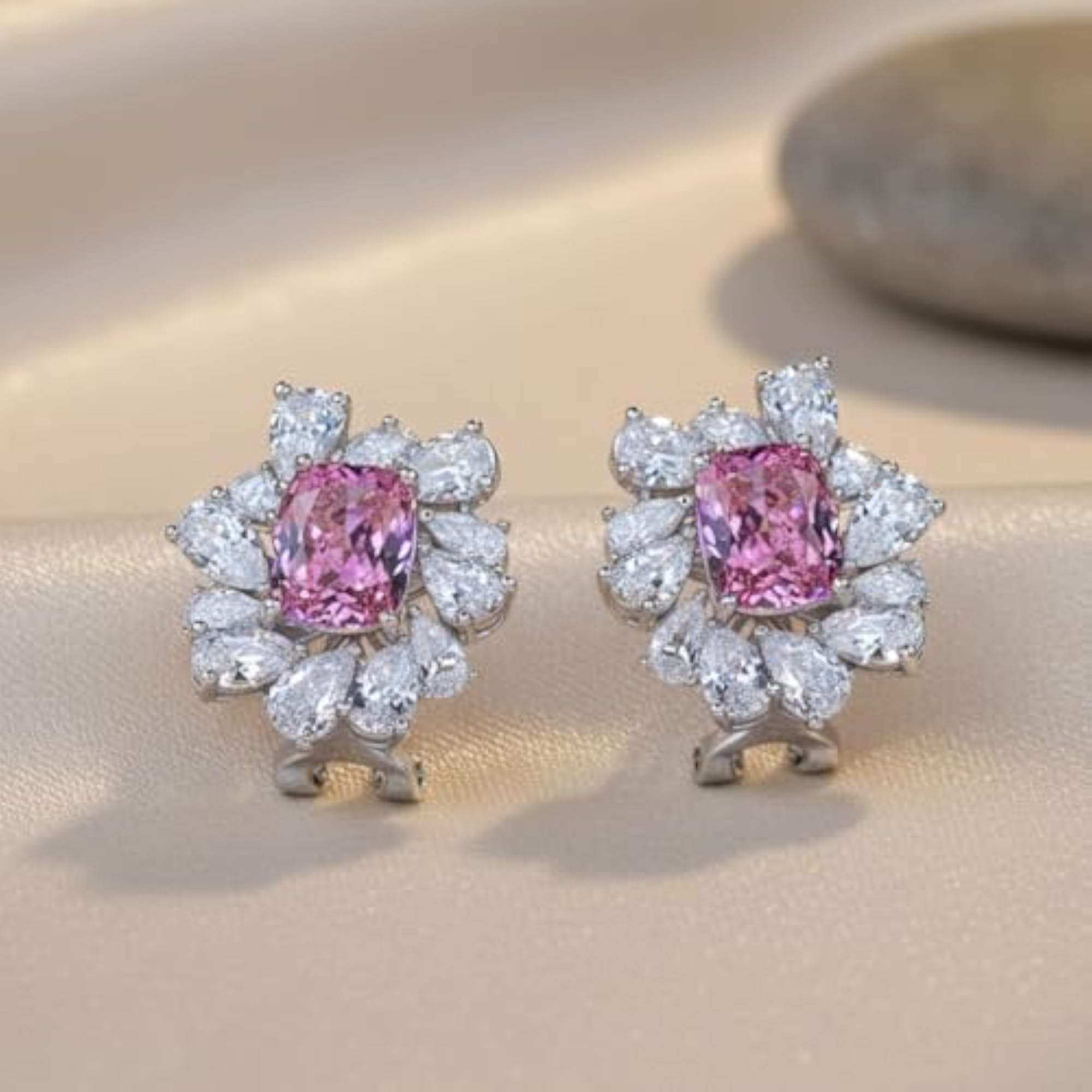 Women's Red Gemstone Floral Halo Stud Earrings, Stylish Set