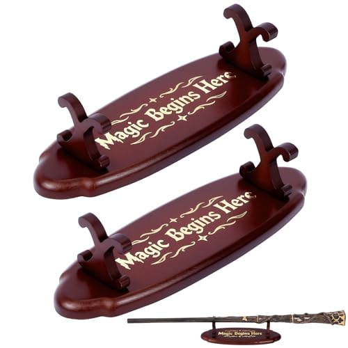 EnchantZone Wood Wand Stand Display - Magic Wand Holders with Foil Stamped Quotes - for Wizard Collection & Decoration 5.4 L 1.9 W 1.4 H 2-Pack Cherry