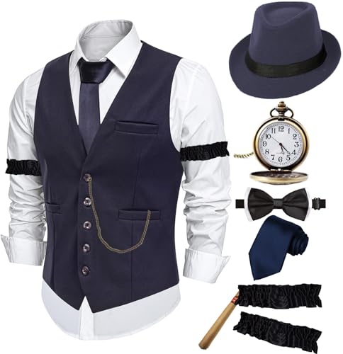 ZeroShop Halloween 1920s Mens Costume Peaky Blinders Roaring 20s Gangster Mobster Outfit, Navy Hat Vest, Medium