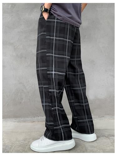 GORGLITTER Men's Plaid Baggy Pants Elastic Waist Striped Wide Leg Sweatpants Checkered Casual Workout Trousers3
