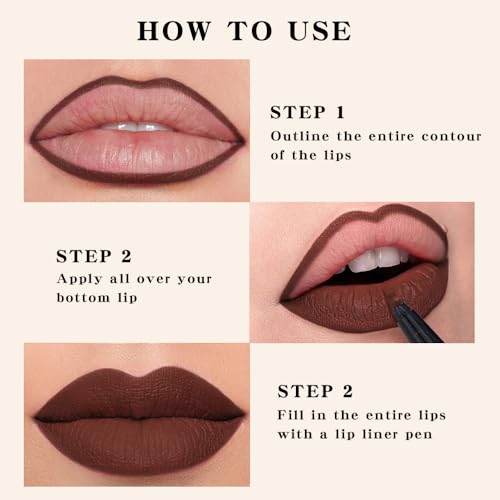 Image of Longwear Liquid Lip Liner Stain Marker Pen Long Lasting Waterproof, Dark Red Brown Lips Marker Stain Matte Semi Permanent 24 Hour Lip Liner and Lipstick Combo, Color Stay Lipliner Stains peel off 11