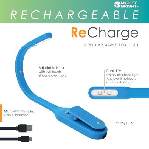 Image of The Original Mighty Bright Recharge Clip On Rechargeable Book Light Reading Light, Warm Eye Care LEDs, Flexible, Durable, Dimmable, Perfect for Kids, Bookworms, Reading in Bed, Lasts 60 Hours (Blue)