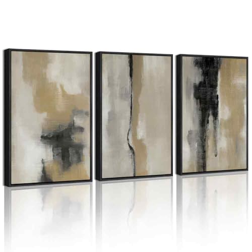 KUVIOKE Black Gray Abstract Framed Wall Art Neutral Wall Decor Minimalist Modern Art Print Bedroom Decor 12x16in (Black Framed)