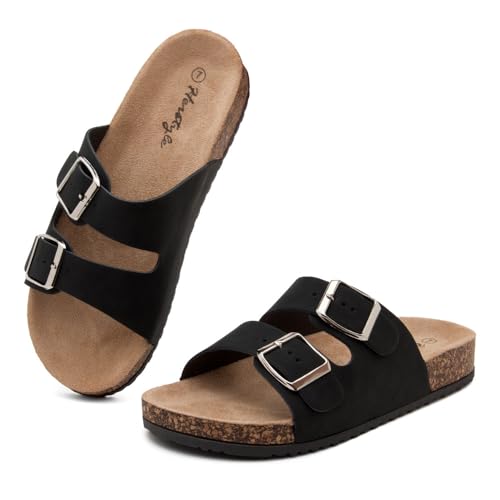 Image of Herstyle Womens Cork Footbed Slides for Women, Double Strap Flat Sandals, Adjustable Buckle Comfort Slip On Shoes, Summer Beach Casual Walking Slippers