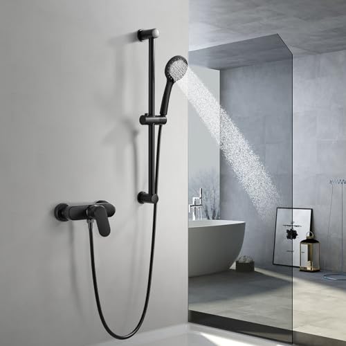 Mitigeur monocommande douche noir robinet mural barre réglable douchette 3 modes - 3