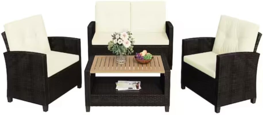 Outdoor Wicker Patio Conversation Set with Cushions and Wood Table for Backyard Living