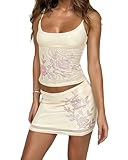 Two Piece Skirt Sets for Women Sleeveless Mesh Sheer Tops and Mini Skirt Sexy Summer Outfits Apricot