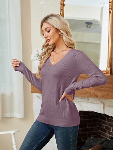 Licemere XRKJ817 Sweaters For Women Trendy Fall Fashion 2024 Womens Long Sleeve Tops Shirts Blouses V Neck Casual Lightweight Women'S Pullover Sweater Grey Purple thumb #3