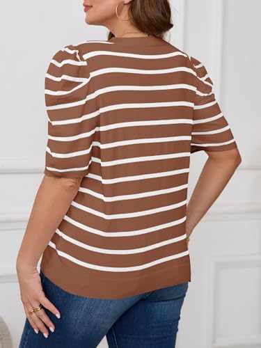 Image of Beautife Womens Plus Size Short Puff Sleeve Sweater Tops Lightweight Striped T Shirts Summer Casual Crew Neck Knit Pullover Khaki