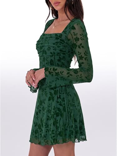 Image of Caracilia Womens Sexy Mesh Ruched Mini Dresses Long Sleeve Square Neck Tie Fall Club Party Cocktail Short Dress 2026 Fashion