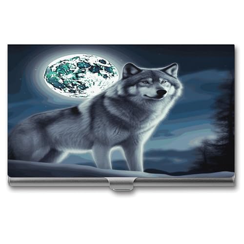 VstaDank Wolf Under Moon Business Card Holder Fashion Metal Business Card Case Professional Credit Card Protector Aluminum Alloy Flip Cover Slim Name Card Case Holder for Men Women