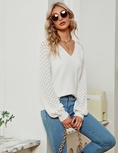 Bmjl Womens V Neck Sweaters Dressy Casual Winter Long Sleeve Tops Knit Puff Sleeve Pullover White #TOP2