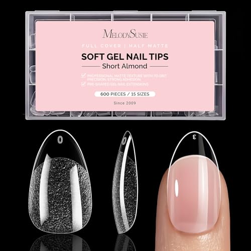 Image of MelodySusie Short Almond X Nail Tips - 600Pcs 15 Sizes Clear Acrylic, Half Matte Full Cover Press on Nails for DIY Extension & Salon Use, Pre-Shaped for Long-Lasting Manicure