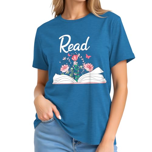 Image of Read Book Shirt for Women-Reading Teacher Tee Tops Pink Flower and Butterfly Short Sleeve Cute Book Shirt