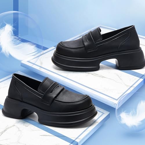 Image of Chunky Heel Platform Penny Loafers Women's Waterproof Fashionable Round Wide Toe Slip-On Thick Sole Work Shoes for Uniform Business Work Formal Wear