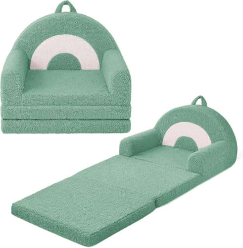 TeenyLandy Kids Couch for Toddlers, 2-in-1 Fold Out Toddler Sofa and Lounger, Supportive Foam Chair with Removable Washable Cover for Playroom, Bedroom and Reading, Sage Green