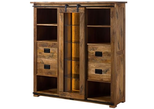 MASSIVMOEBEL24.DE | Highboard Mango/Altholz 142x45x147 Natur lackiert Railway LUX #121, Farbe:Natur lackiert, Größe:142x45x147 cm (BxTxH)