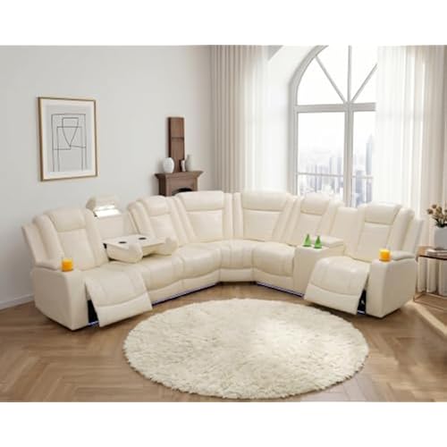 Power Recliner Secitonal Sofa, Home Theater Seating with LED Lighting, USB Charging Port, Cup Holders & Storage, Leather Reclining Sectional Couch for Living Room (Cream White Upgraded)