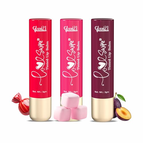 Image of Glam21 Love Swipe Tinted Lip Balm | Lip Care with Vitamin-C, HA, Ceramide & SPF 30 | Hydrates, Protects & Nourishes for Soft, Radiant Lips All Day | 3gm Each (Candy Red, Pink Marshmallow & Lush Plum)