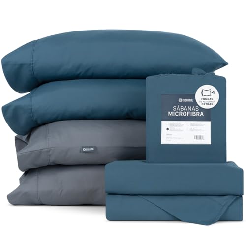 Consejos para Comprar Sábanas y fundas de almohada para comprar hoy. 45 ESQUIMAL Juego de Sábanas de Microfibra + Fundas de Almohada Extra, Suaves y Frescas (Azul Marino - Gris, Queen Size)